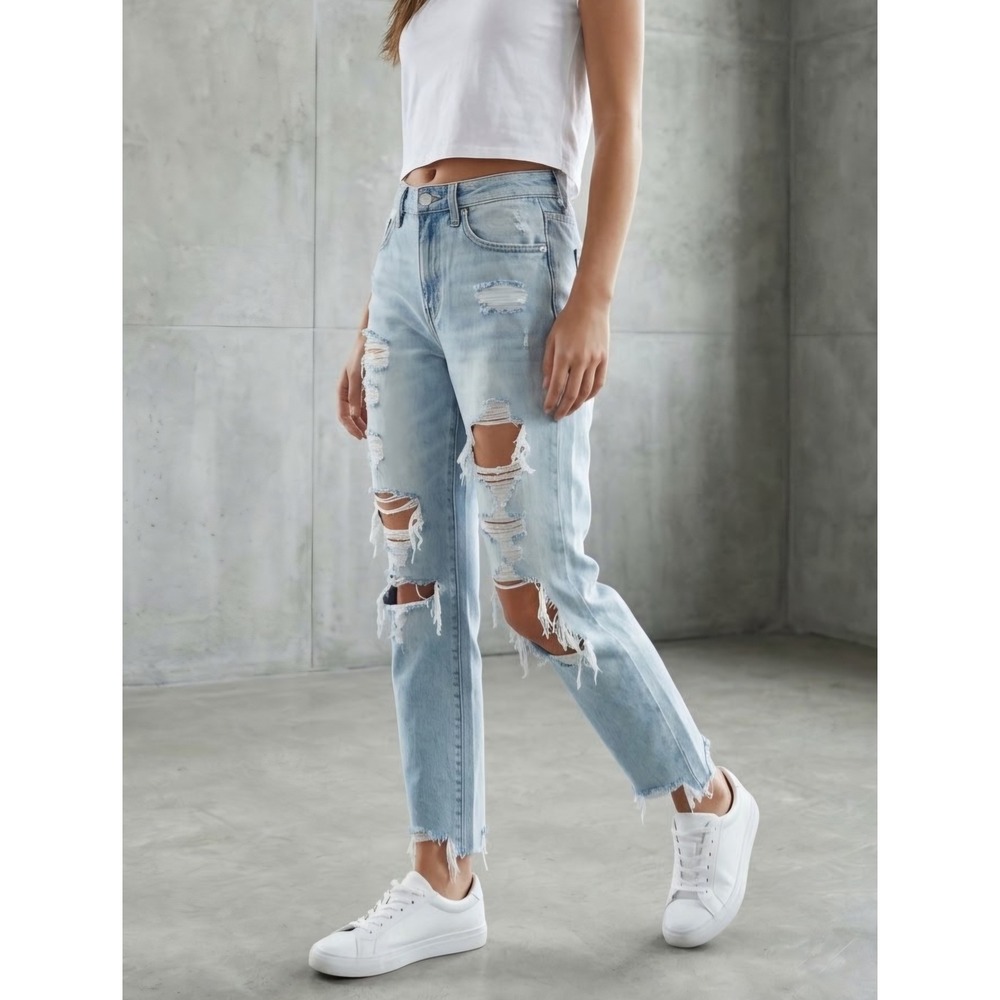 Garage Distressed Light Wash High Rise Raw Hem Straight Leg Jeans Size 5